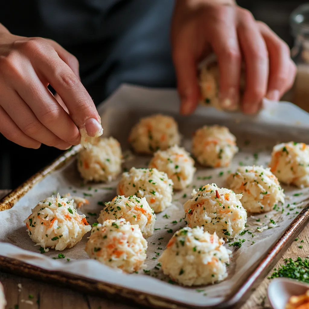 Shaping crab balls before cooking.