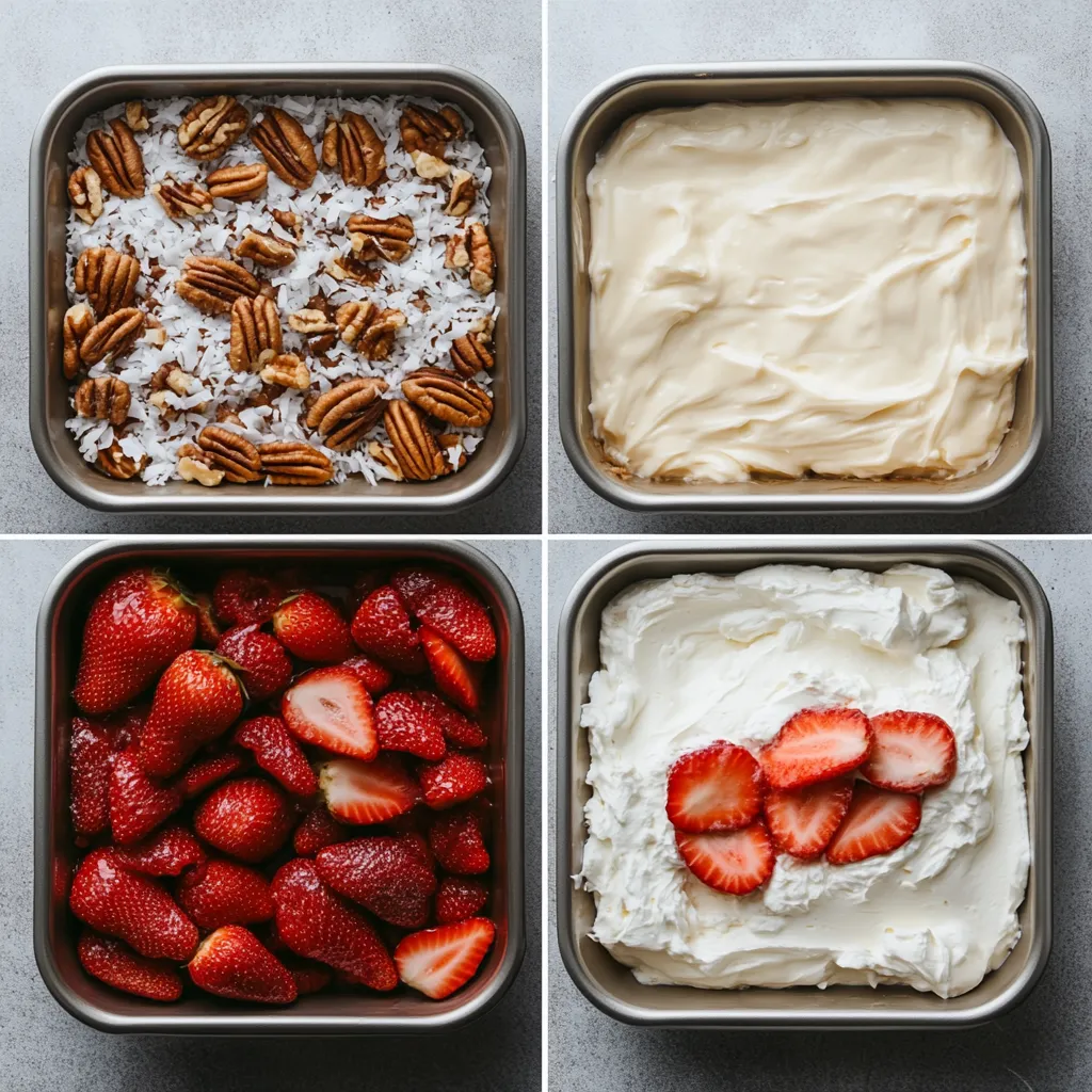 Layering steps for strawberry earthquake cake in a dish.