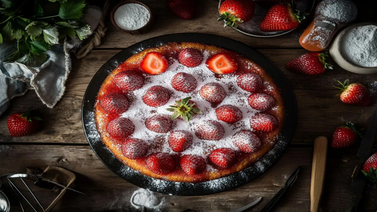 Rustic-style strawberry earthquake cake with fresh garnishes.