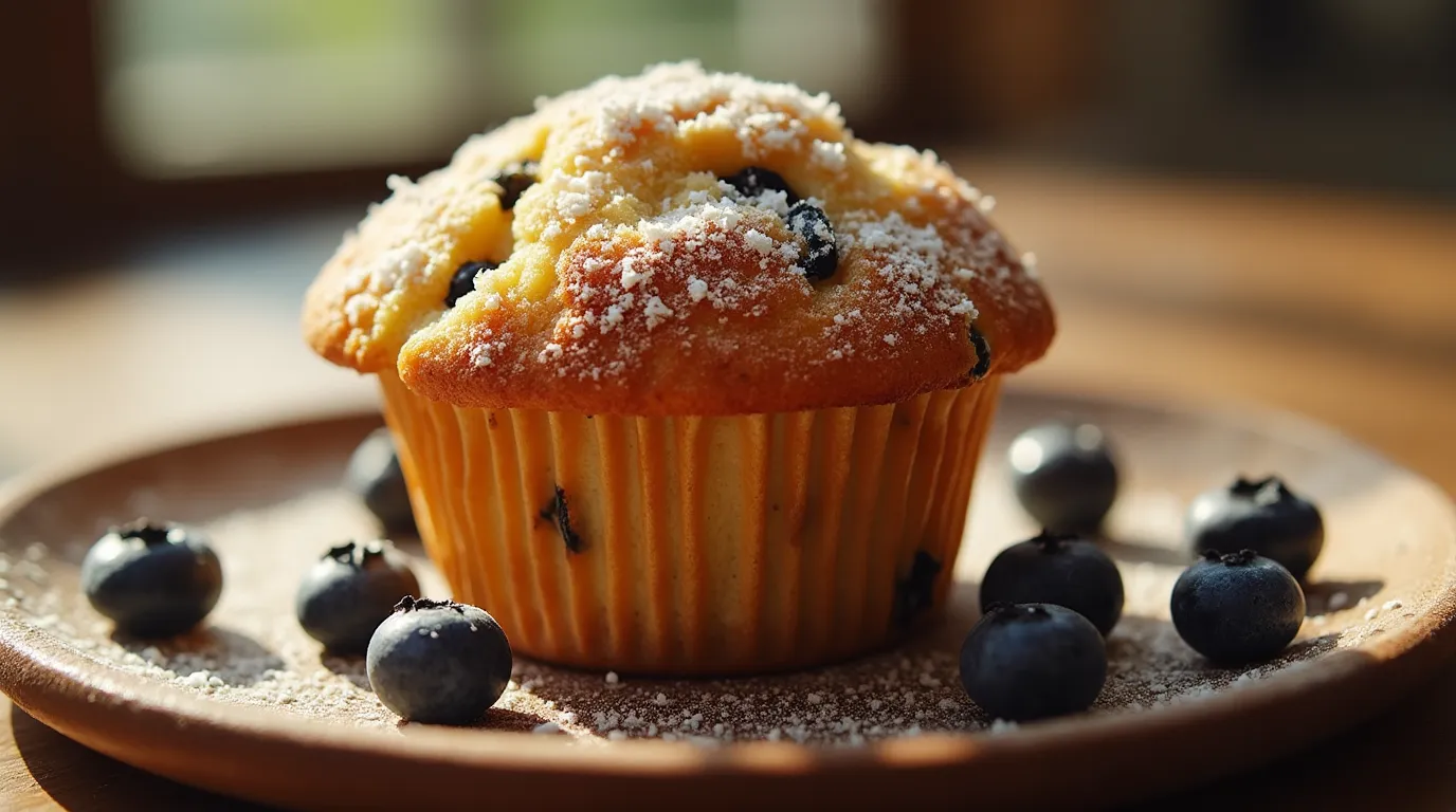 Golden-brown jumbo muffin with blueberries.