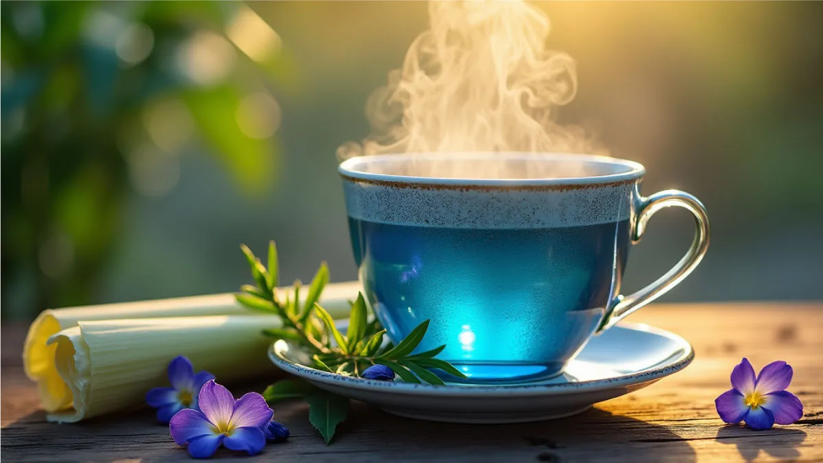 Steaming cup of Blue Diamond Tea on a wooden table.