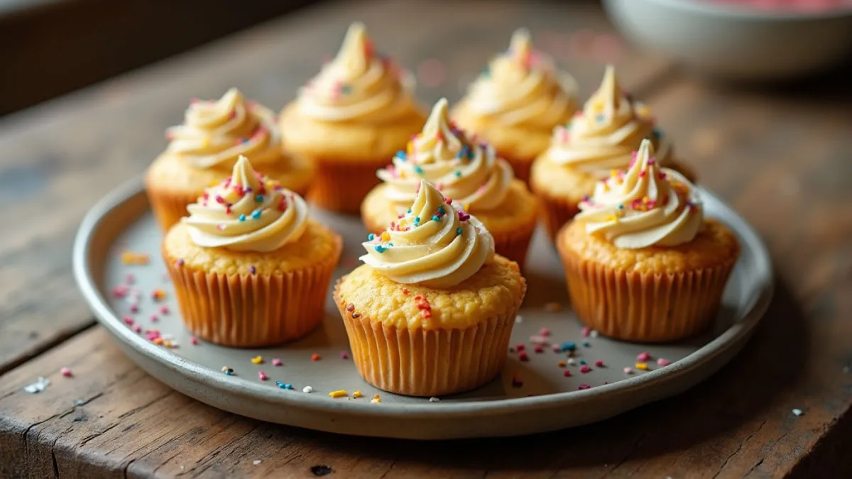 Freshly baked air fryer cupcakes with frosting and sprinkles.