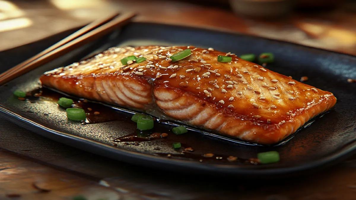 Air Fryer Miso Salmon plated beautifully with sesame and green onions.