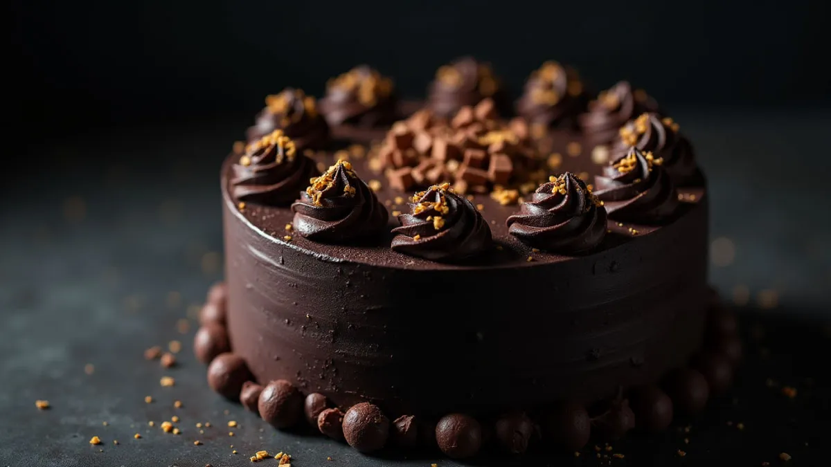 Elegant Black Velvet Cake with gold sprinkles and chocolate shavings.