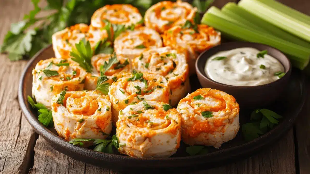 Buffalo chicken pinwheels on a wooden platter with celery sticks and ranch dressing.