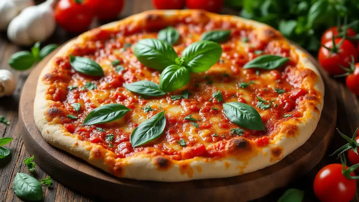 A delicious cabbage pizza with melted cheese and basil on a wooden table.