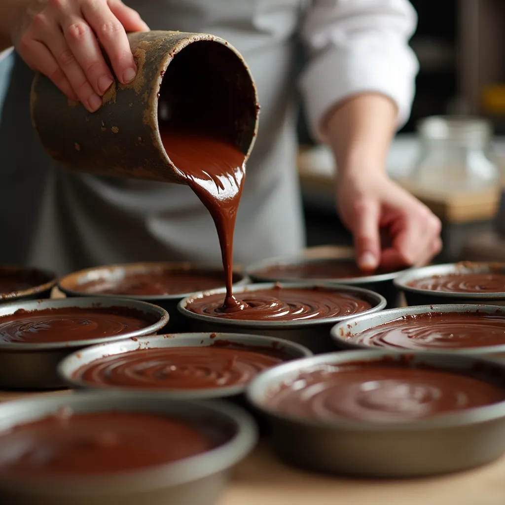 Mounds Bar Cake Recipe: A Chocolate and Coconut Delight 3 Cake batter being poured into round baking pans.