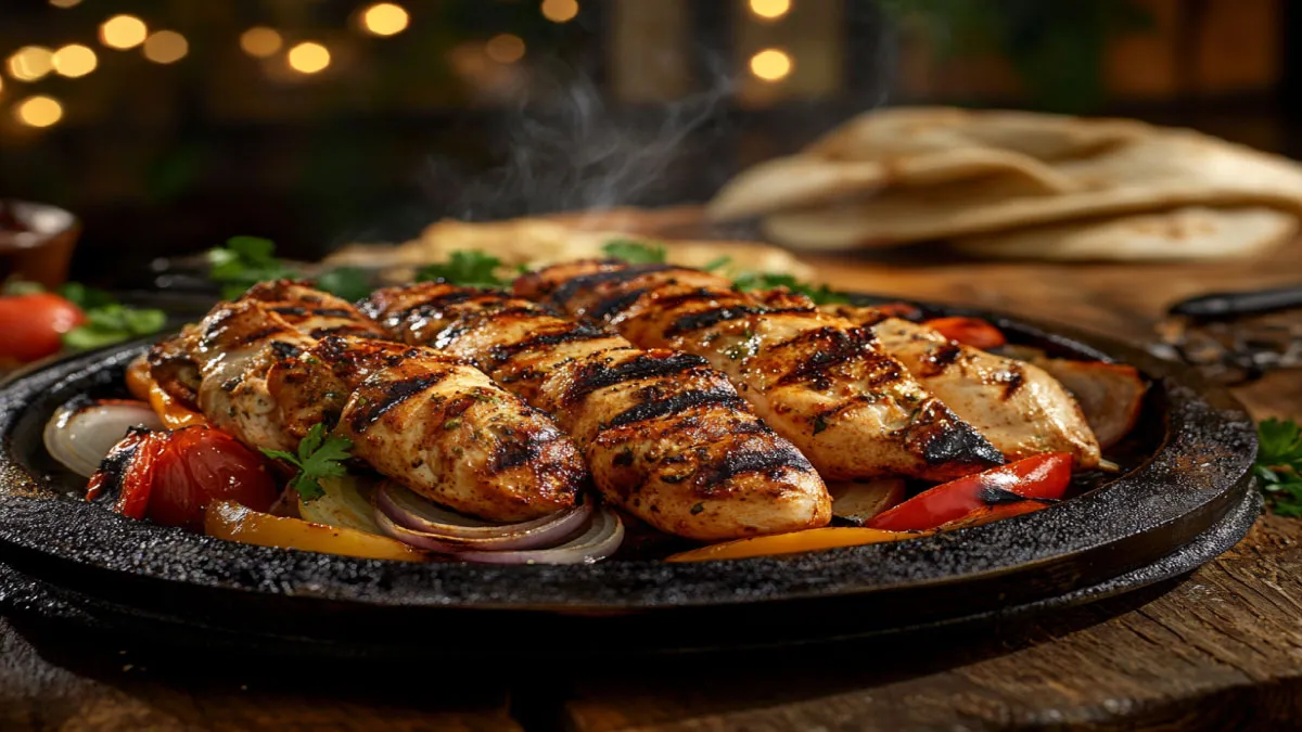 Chicken Adana kebabs with grilled vegetables and pita