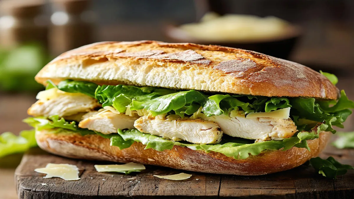 A gourmet Chicken Caesar Salad Sandwich on a rustic wooden table.