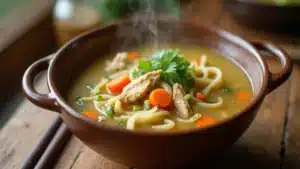 A bowl of homemade chicken noodle soup with fresh vegetables and herbs