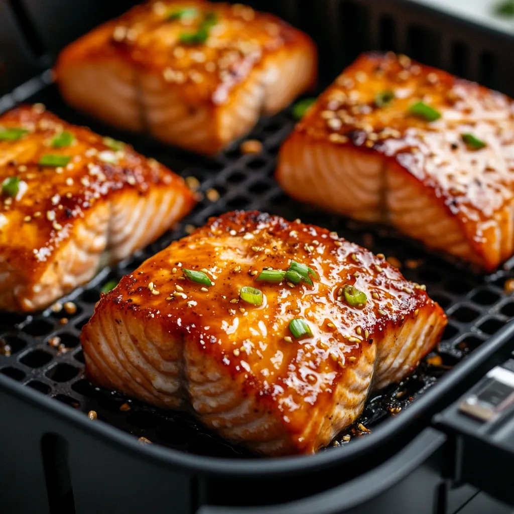 Crispy miso-glazed salmon fillets inside an air fryer basket.