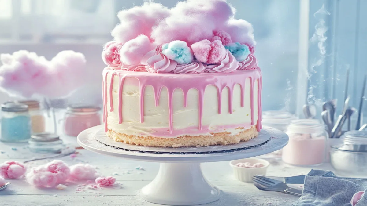 A pastel cotton candy cake with fluffy layers and a dreamy swirl of pink and blue.