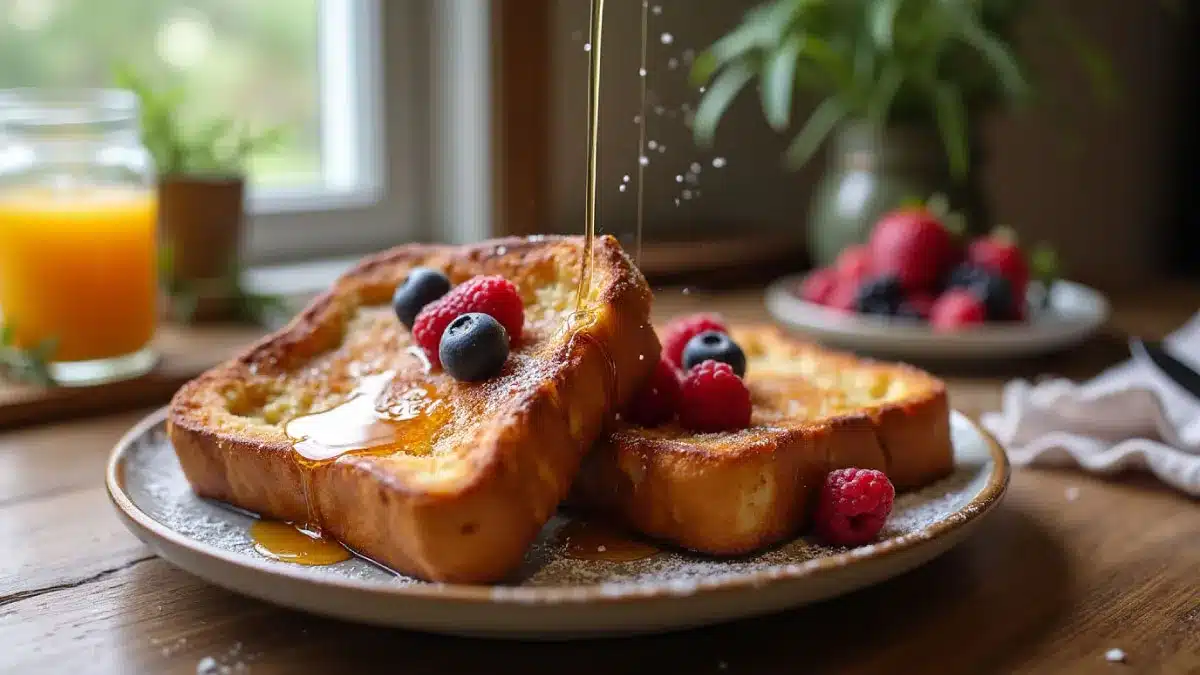 Golden-brown sourdough French toast with syrup, berries, and powdered sugar.