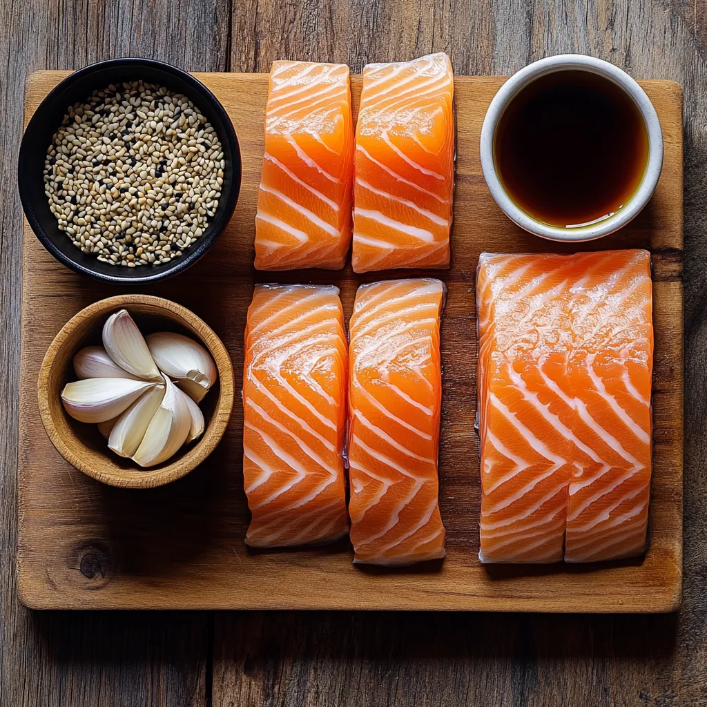 Fresh salmon fillets with miso, soy sauce, and other ingredients for air fryer miso salmon.