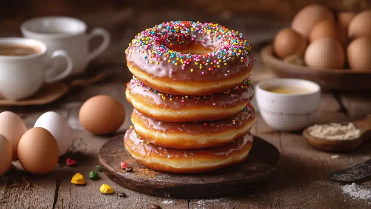 Golden brioche donuts with glaze and sprinkles on a rustic table