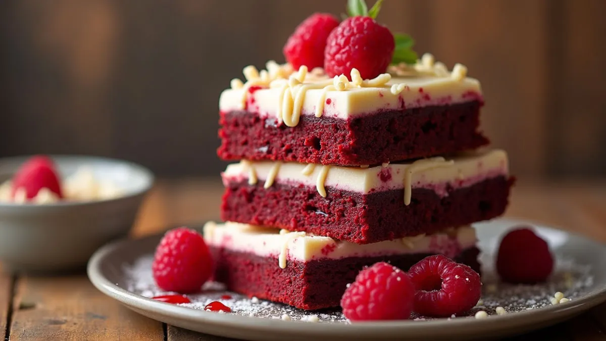 Stack of red velvet brownies with cream cheese frosting and white chocolate drizzle.