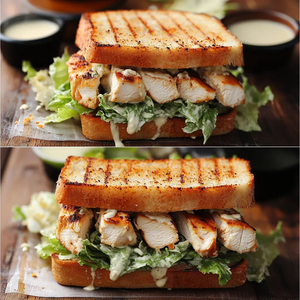 Step-by-step process of making a Chicken Caesar Salad Sandwich.