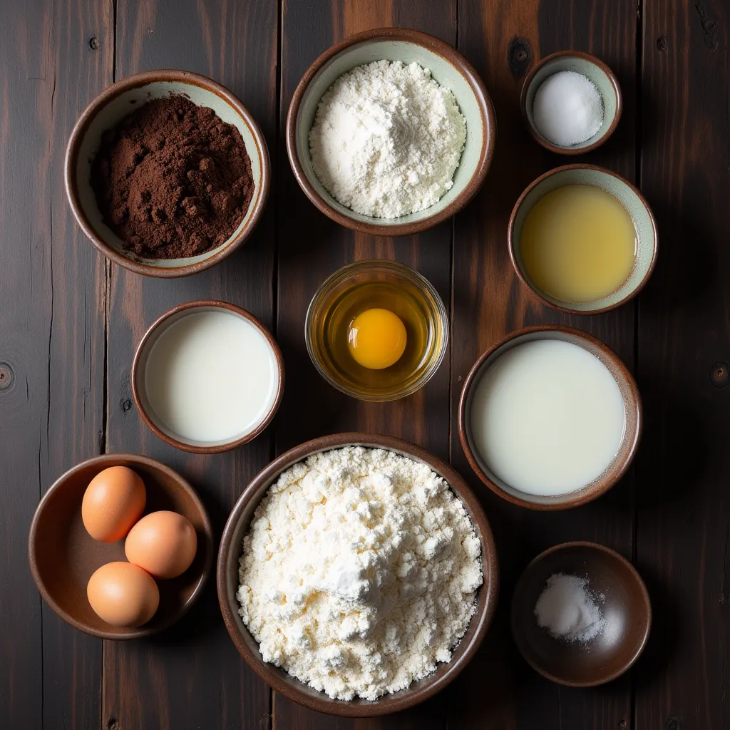 Black Velvet Cake ingredients arranged on a dark wooden surface.