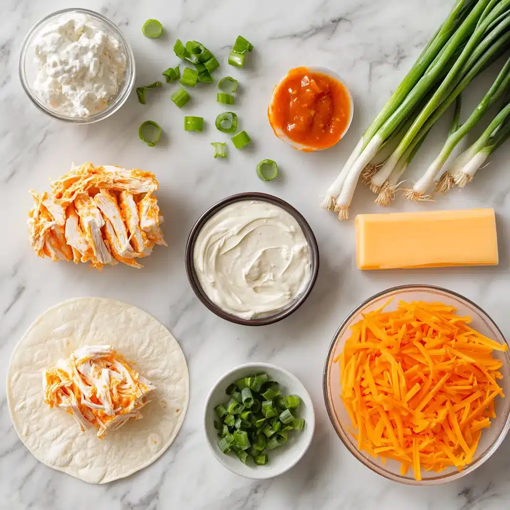 Ingredients for buffalo chicken pinwheels including chicken, cream cheese, tortillas, and buffalo sauce.