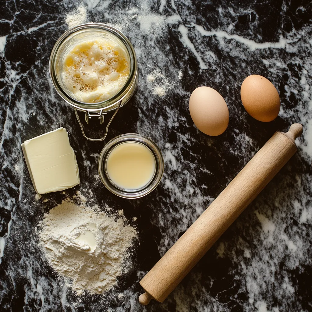 Ingredients for making sourdough brioche neatly arranged