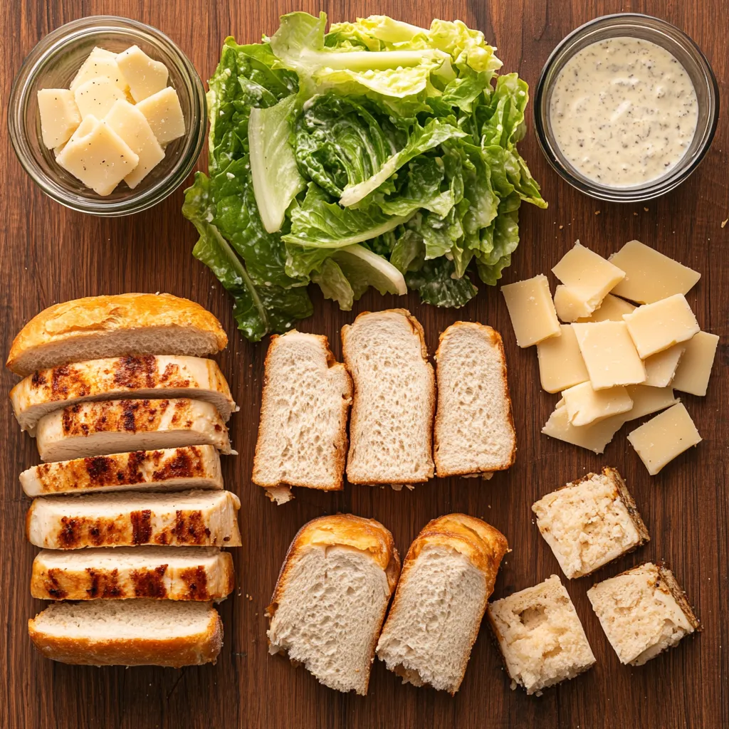 Ingredients for a Chicken Caesar Salad Sandwich arranged on a wooden surface.