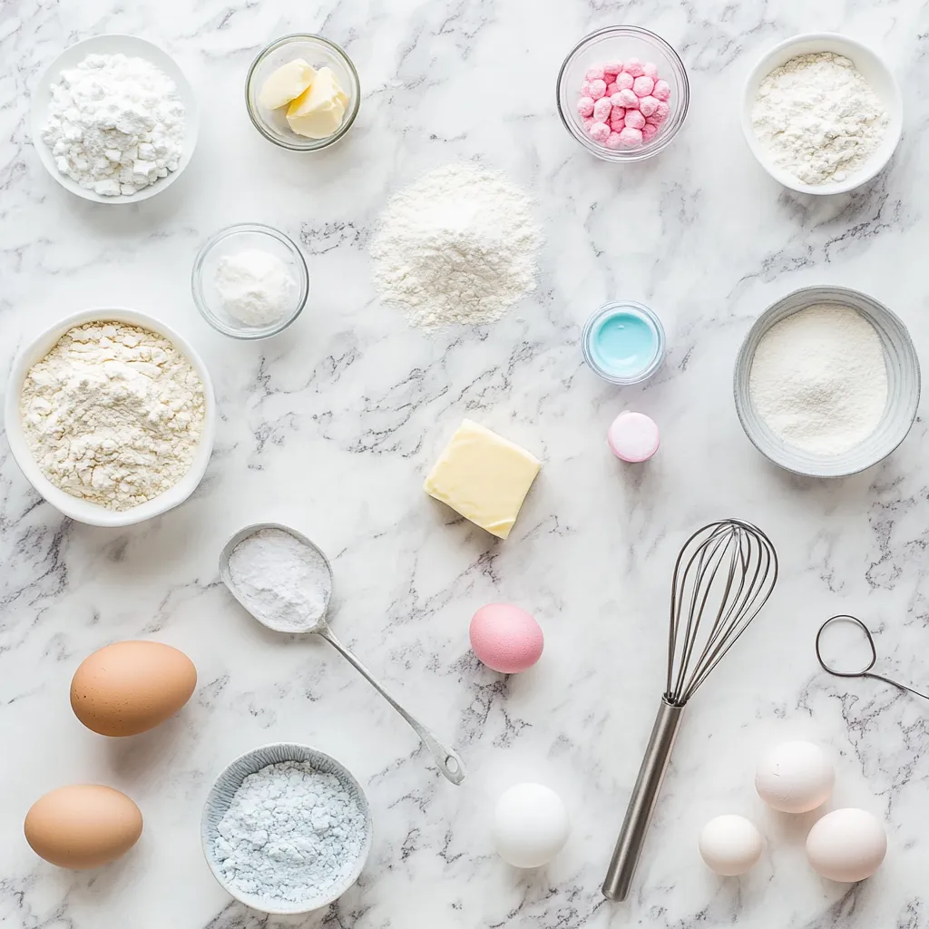 A neatly arranged set of cotton candy cake ingredients.