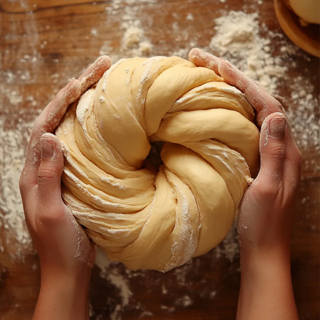 Hands kneading soft sourdough brioche dough