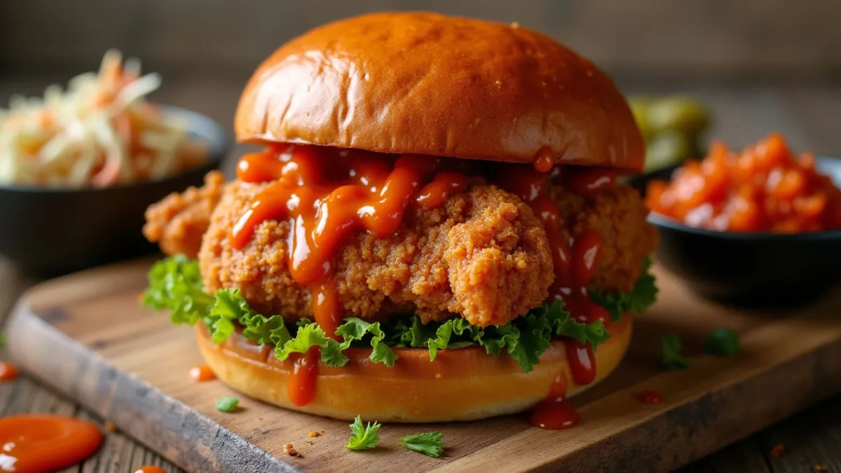 Crispy Korean fried chicken sandwich with gochujang sauce and slaw.