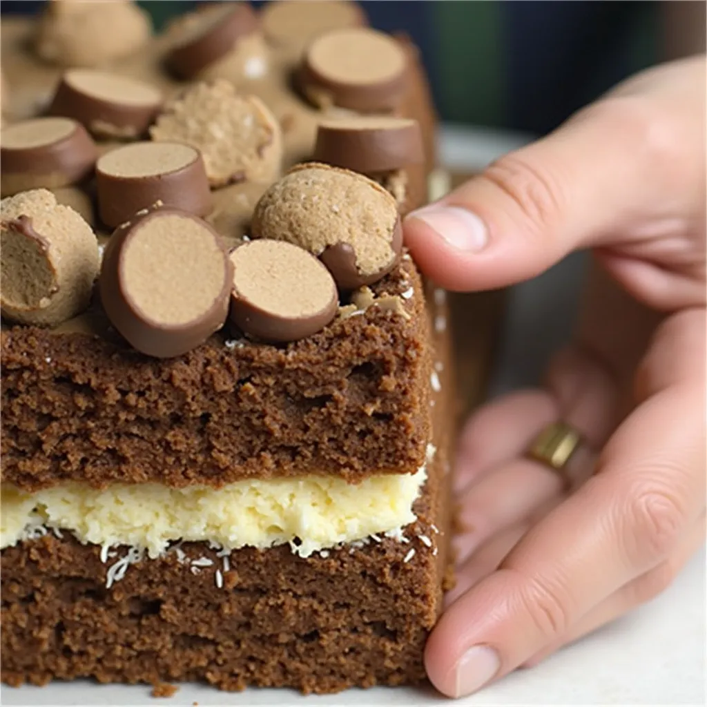 Mounds Bar Cake Recipe: A Chocolate and Coconut Delight 4 Spreading coconut filling between cake layers.