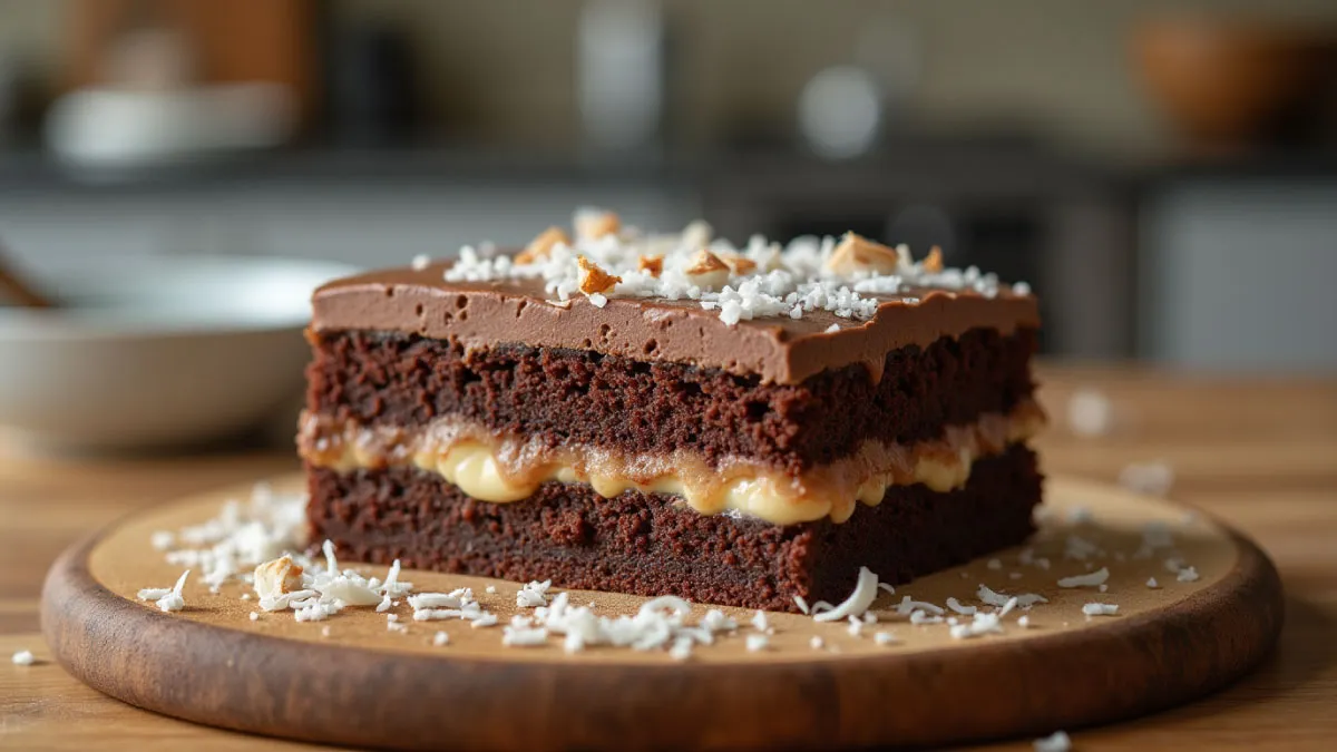 A delicious Mounds Bar Cake with chocolate frosting and coconut filling.