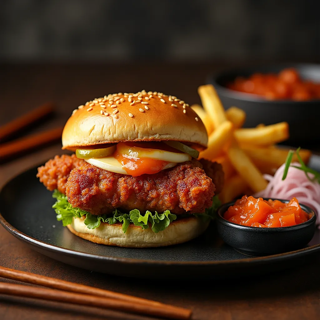 Korean fried chicken sandwich served with traditional side dishes