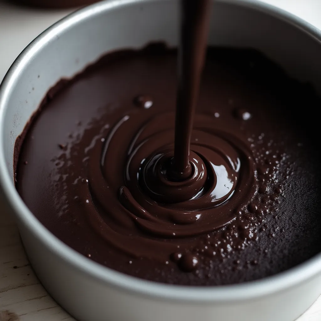 Black Velvet Cake batter being poured into a cake pan.