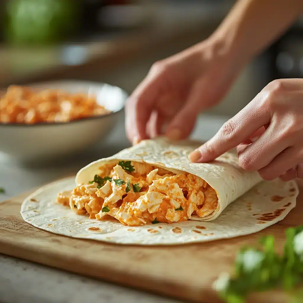 Rolling a tortilla filled with buffalo chicken mixture to make pinwheels.