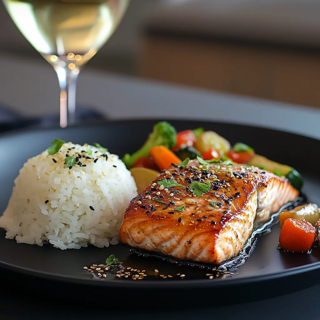 A gourmet-style plate of air fryer miso salmon with side dishes.