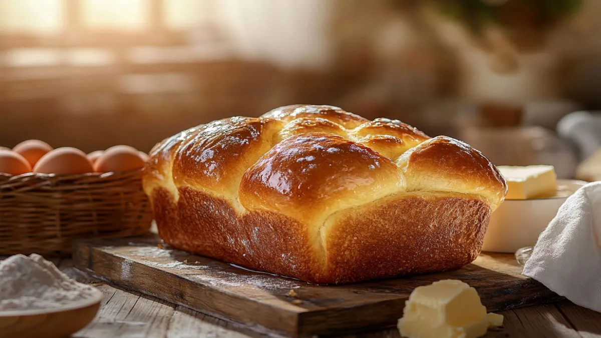 Freshly baked sourdough brioche loaf with golden crust