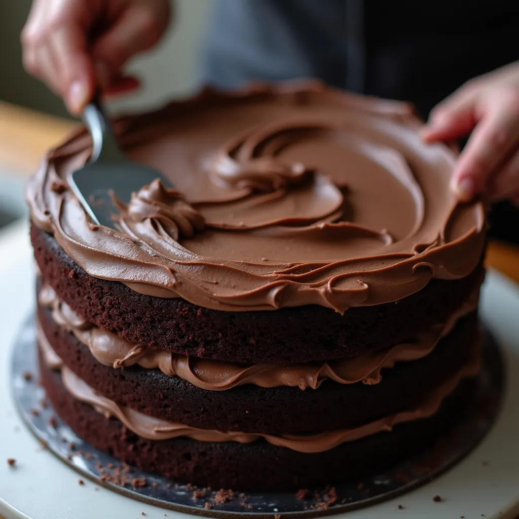 Baker frosting a Black Velvet Cake with black cocoa buttercream.