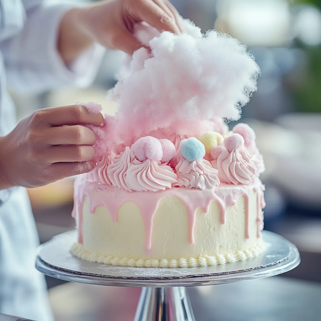 A baker decorating a pastel cotton candy cake.