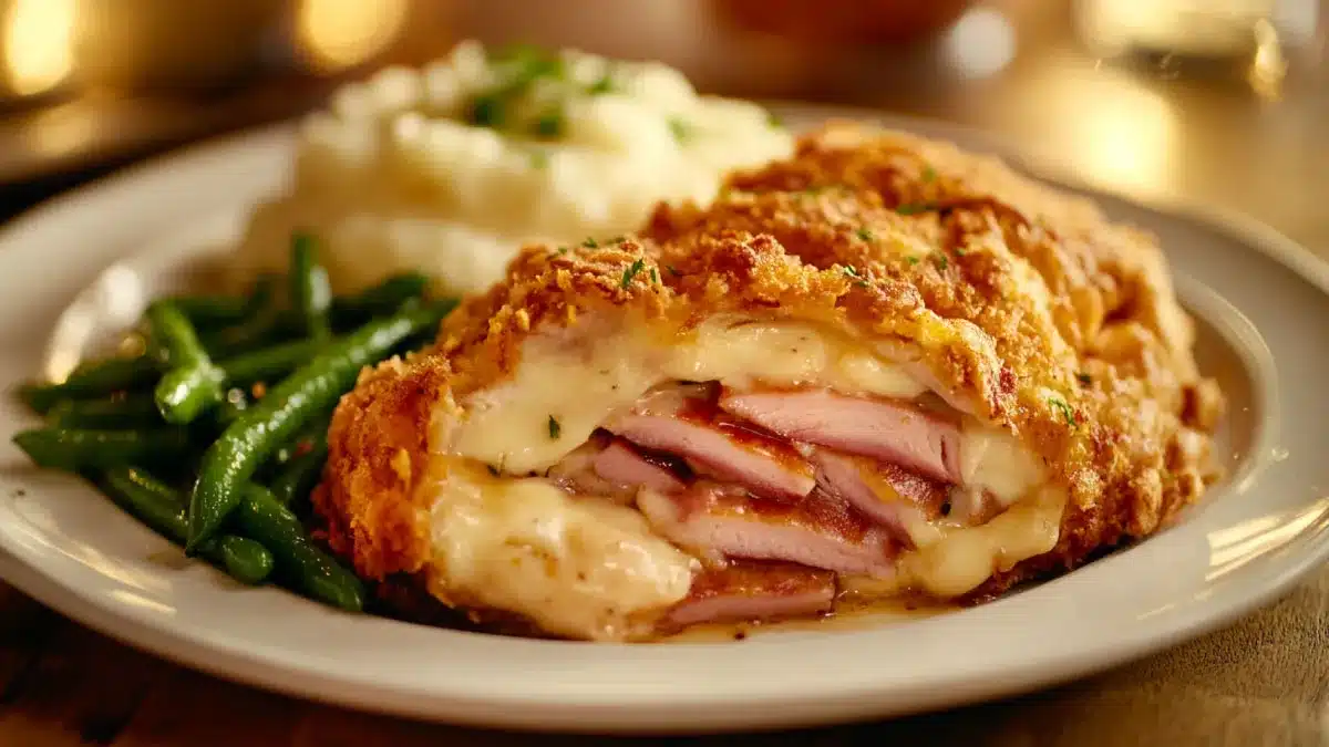 Crispy chicken cordon bleu air fryer dish with melted cheese, served with mashed potatoes and green beans.