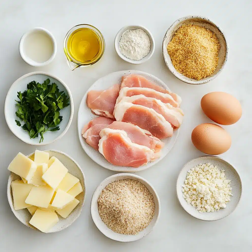 Ingredients for chicken cordon bleu air fryer recipe: chicken, ham, cheese, breadcrumbs, eggs, and flour.