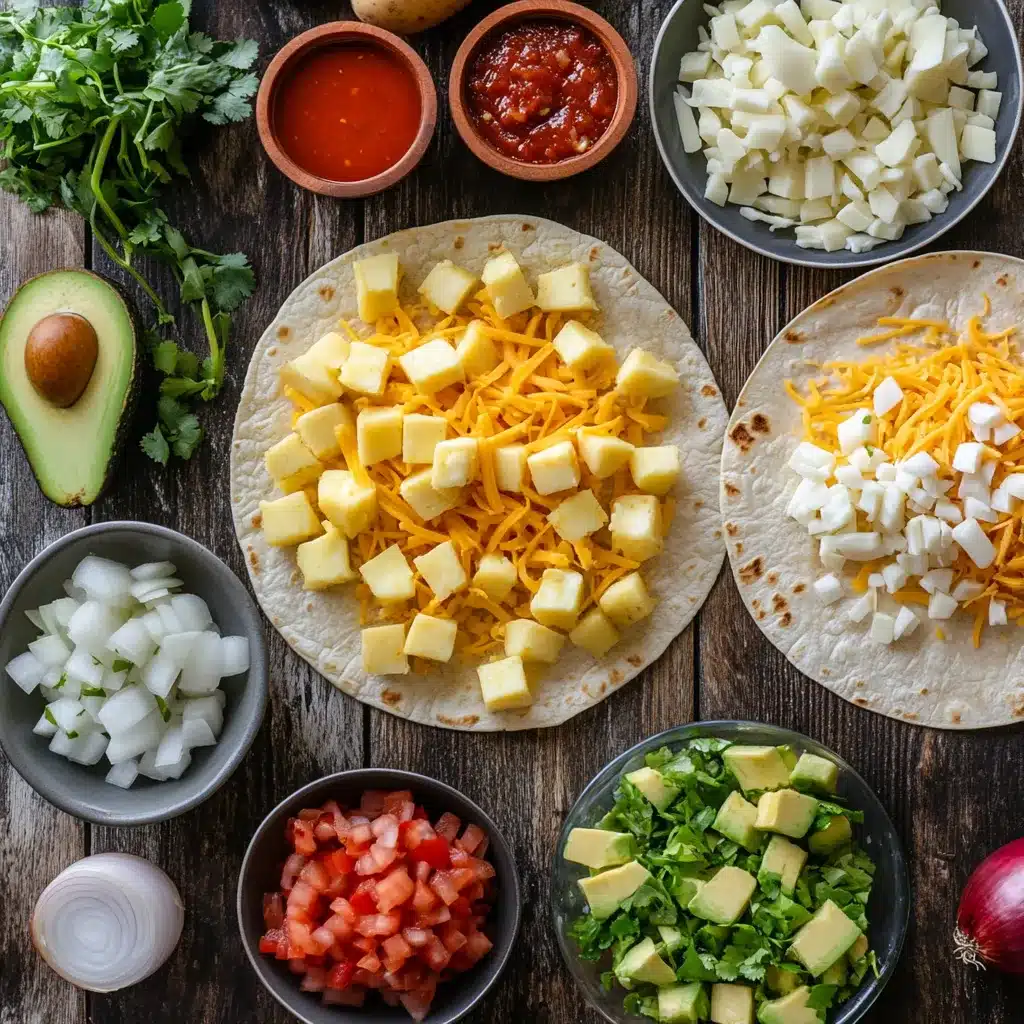 Fresh ingredients for potato tacos breakfast, including potatoes, eggs, cheese, and tortillas.