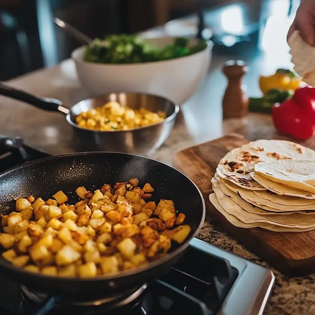 Step-by-step preparation of potato tacos breakfast, showing crispy potatoes, eggs, and tortillas.