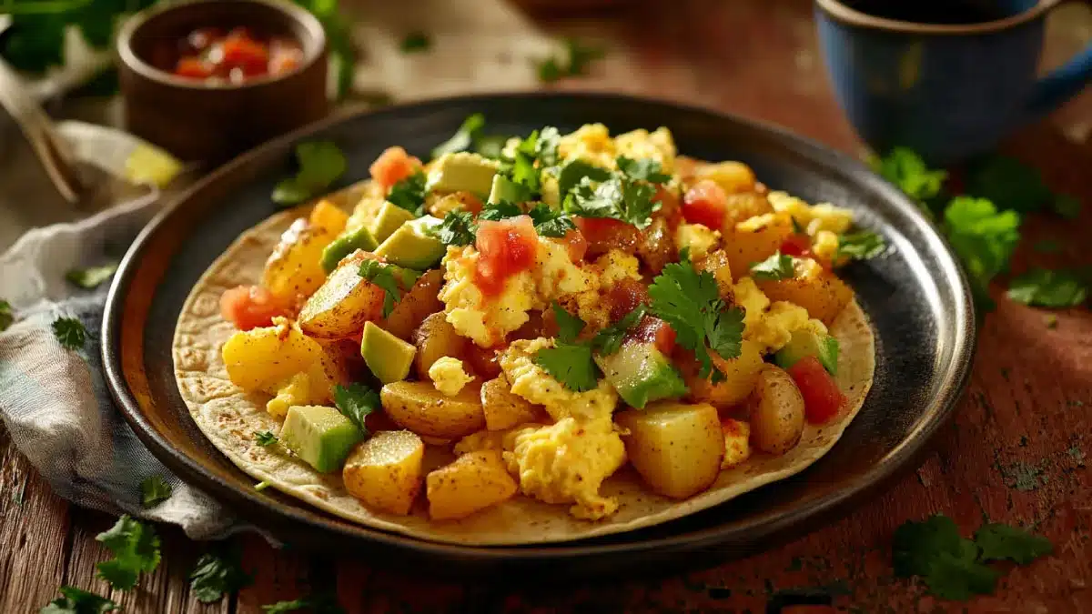 Delicious potato tacos breakfast with crispy potatoes, eggs, cheese, and fresh toppings on a rustic table.