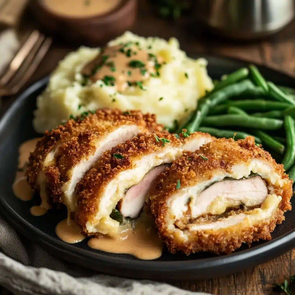 Serving suggestion for chicken cordon bleu air fryer with mashed potatoes and green beans.