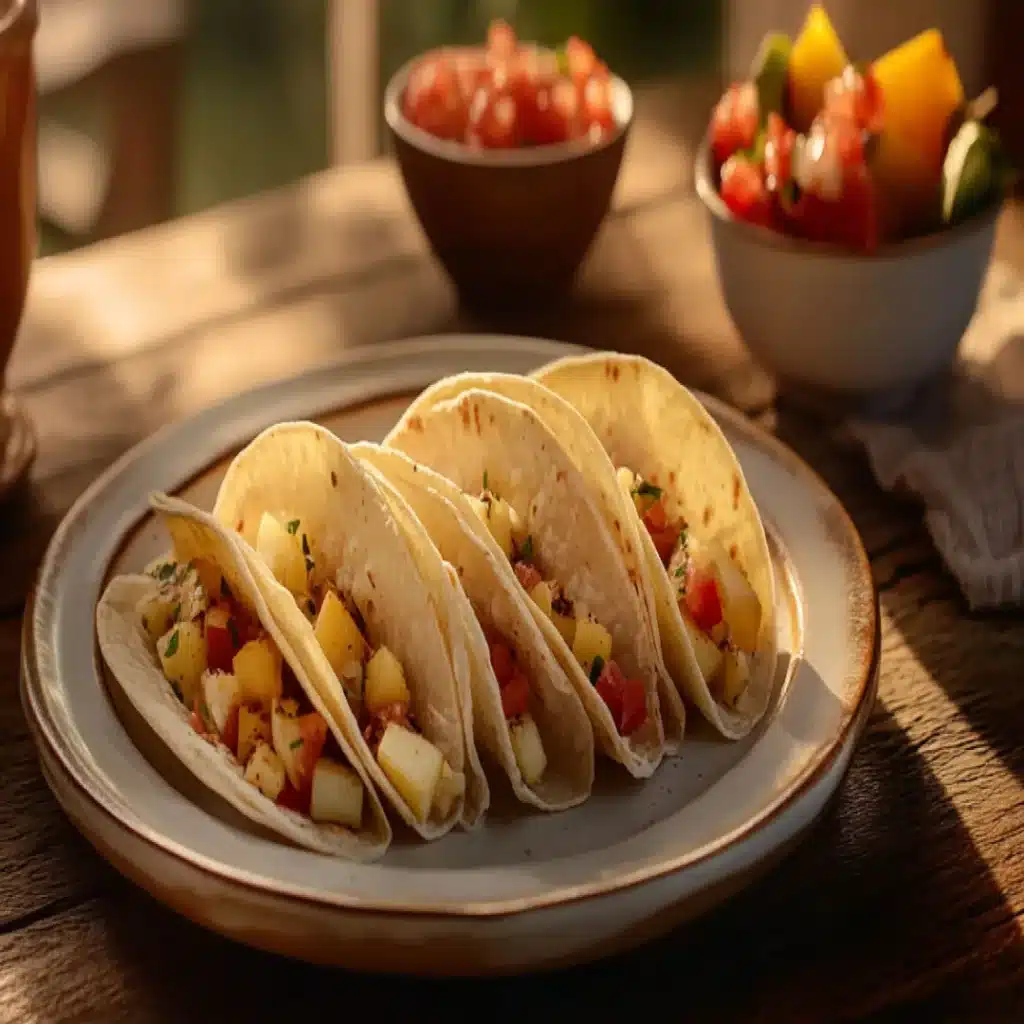 Beautifully plated potato tacos breakfast with salsa, coffee, and fresh fruit